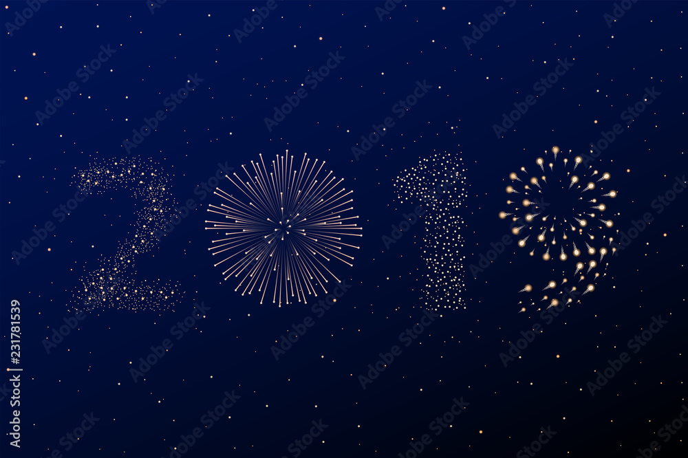 Firework 2019 New year concept on blue night sky background. Christmas card. Congratulations or invitation background. Vector illustration Firework 2019 New year concept on blue night sky background. Christmas card. Congratulations or invitation background. Vector illustration