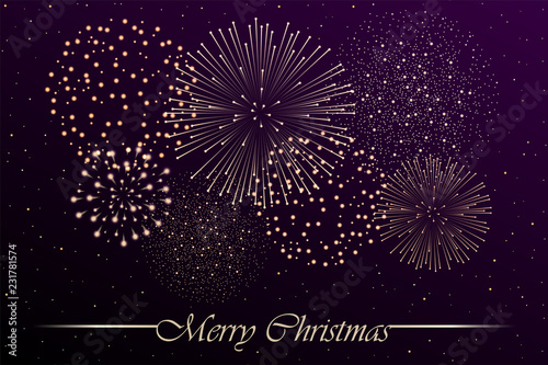 Firework show on dark night sky background. Christmas concept. Congratulations or invitation card background. Vector illustration
