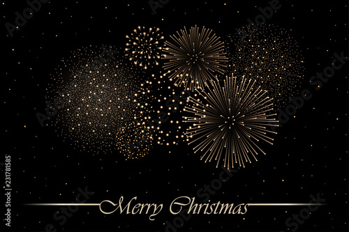 Firework show on black night sky background. Christmas concept. Congratulations or invitation card background. Vector illustration