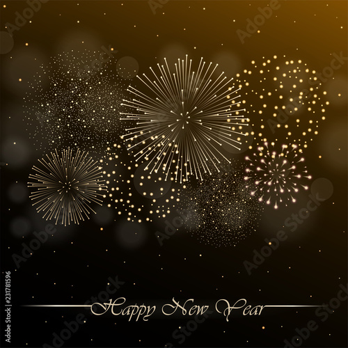 Firework show on golden night sky background with glow and sparkles. New year concept. Invitation, card, party background. Vector illustration
