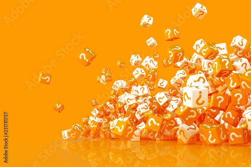Many crumbling cubes with question marks on the sides 3d illustration