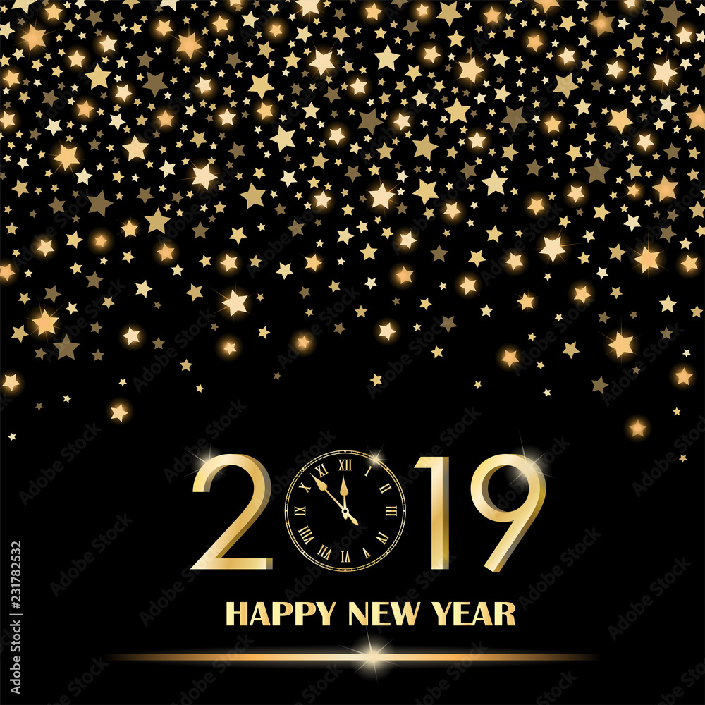 Abstract shining falling stars on black ambient blurred background. New Year 2019 concept. Luxury design. Vector illustration Abstract shining falling stars on black ambient blurred background. New Year 2019 concept. Luxury design. Vector illustration