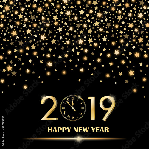 Abstract shining falling stars on black ambient blurred background. New Year 2019 concept. Luxury design. Vector illustration