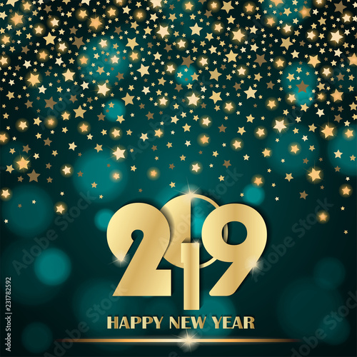 Abstract shining falling stars on turquoise ambient blurred background. New Year 2019 concept. Luxury design. Vector illustration
