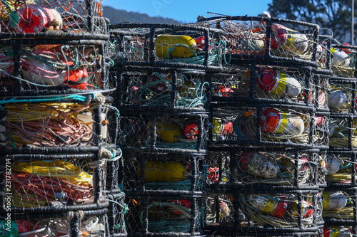 Crab pots stacked and ready to be loaded on boats for the crab season