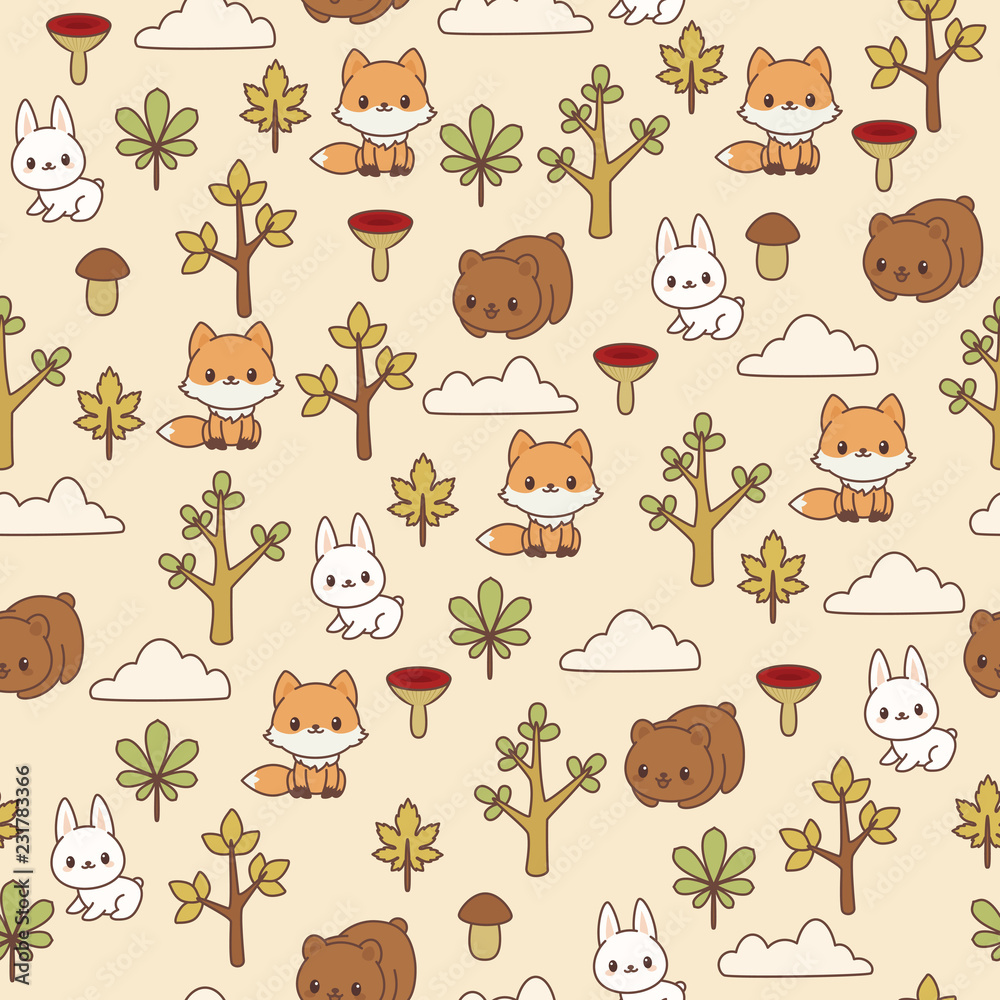 Fototapeta premium Woodland/forest animals seamless pattern. Brown bear, fox and bunny in the forest. Children's wallpaper