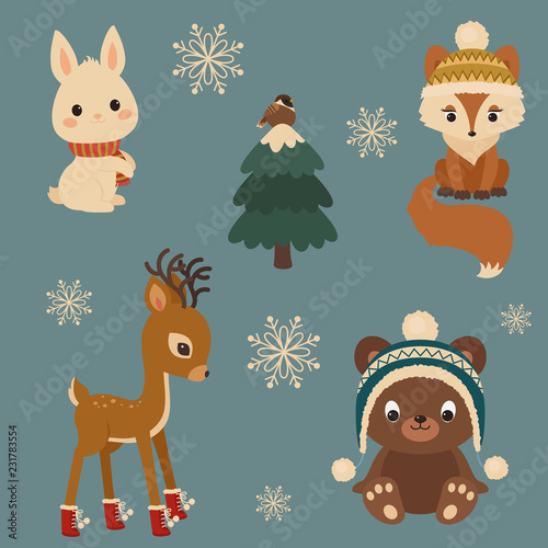 Woodland animals winter time. White bunny/rabbit, fox, sparrow on a Christmas tree, baby deer/fawn, brown bear in winter clothes.