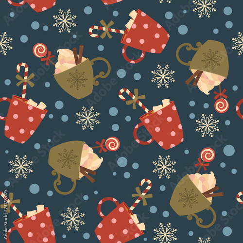Winter holidays hot drinks and candies. Vector seamless pattern.