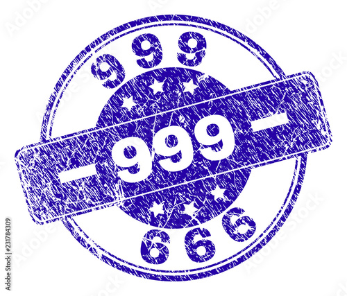 999 stamp seal imprint with distress texture. Designed with rounded rectangle and circles. Blue vector rubber print of 999 text with dust texture.