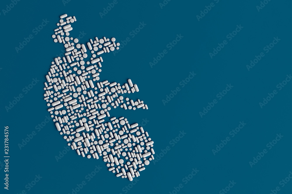 Many pills scattered on a blue background in the form of a human embryo 3D illustration Many pills scattered on a blue background in the form of a human embryo 3D illustration