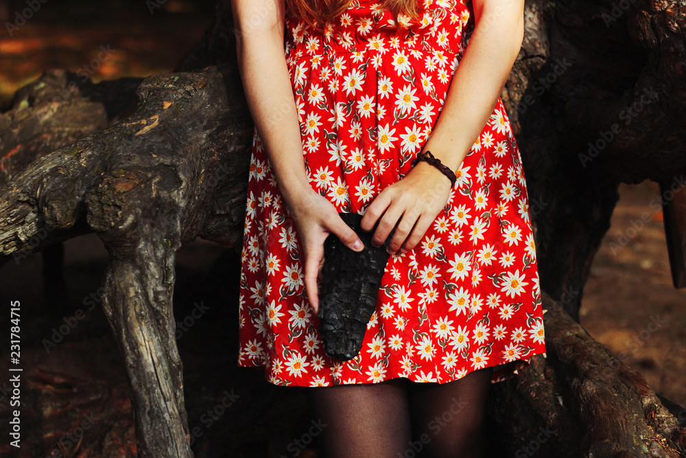 Dziewczyna w czerwonej sukience w lesie - obrazy, fototapety, plakaty 