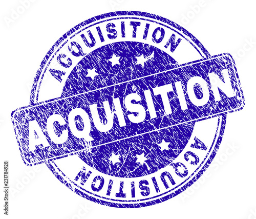 ACQUISITION stamp seal imprint with grunge texture. Designed with rounded rectangle and circles. Blue vector rubber watermark of ACQUISITION label with grunge texture.