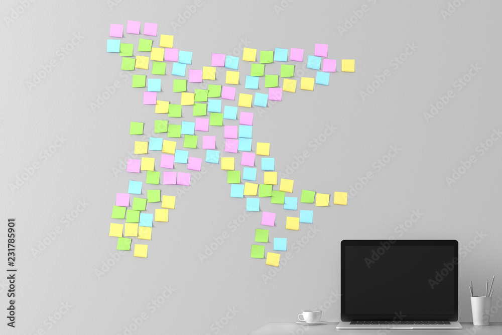 Many stickers pasted on the wall in the shape of an airplane silhouette 3D illustration Many stickers pasted on the wall in the shape of an airplane silhouette 3D illustration