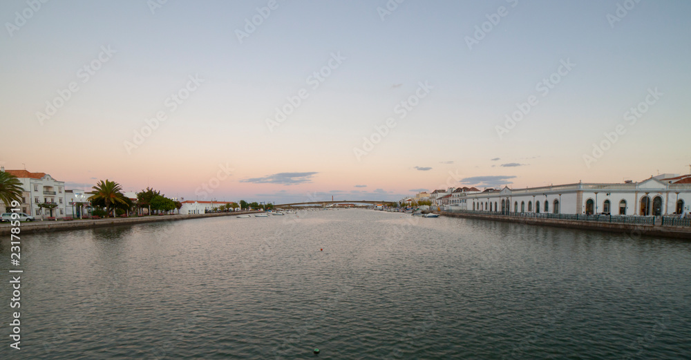 Tavira panoramic from town military bridge to fishing port, Portugal