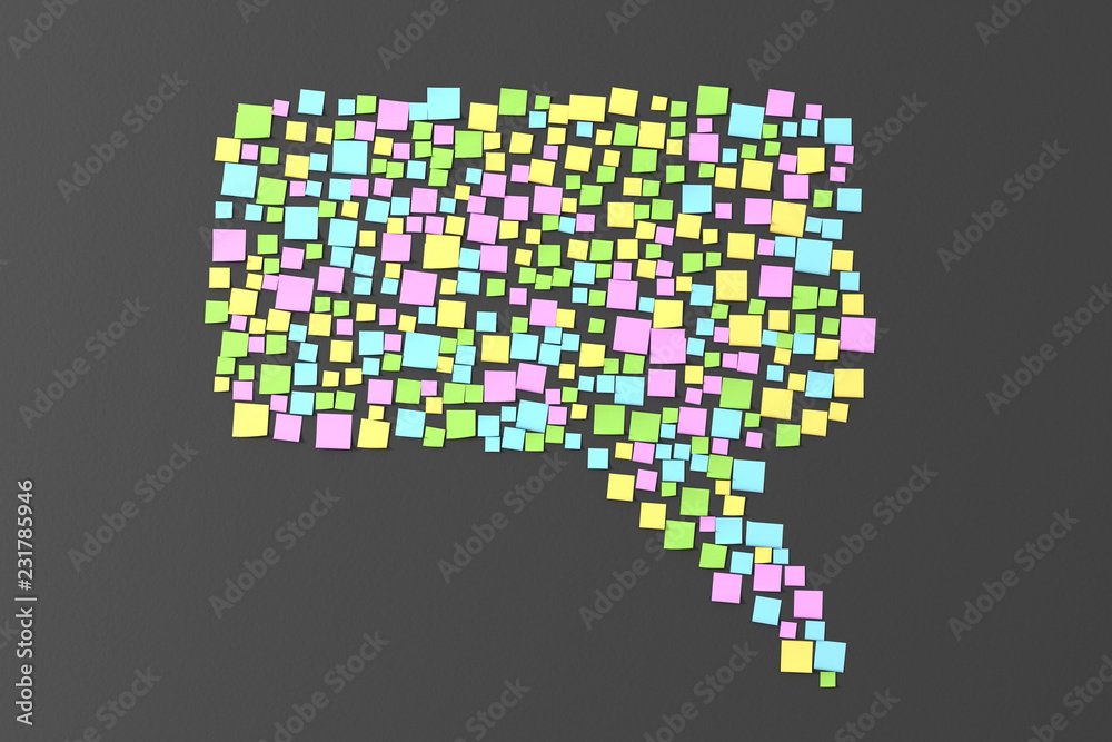 Many stickers pasted on the wall in the shape of a silhouette message icons 3D illustration Many stickers pasted on the wall in the shape of a silhouette message icons 3D illustration