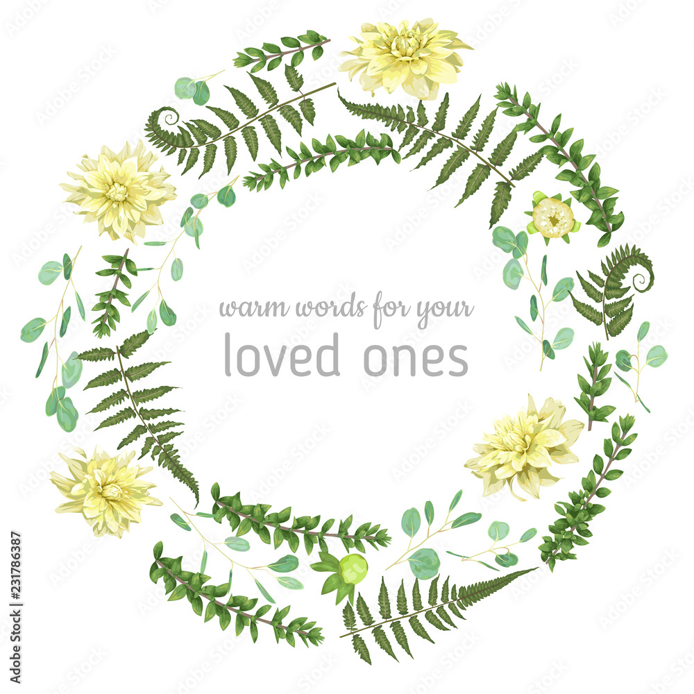 Green vector wreath frame made from twigs and leaves of eucalyptus, boxwood, flowers of yellow dahlia and fern isolated on white background