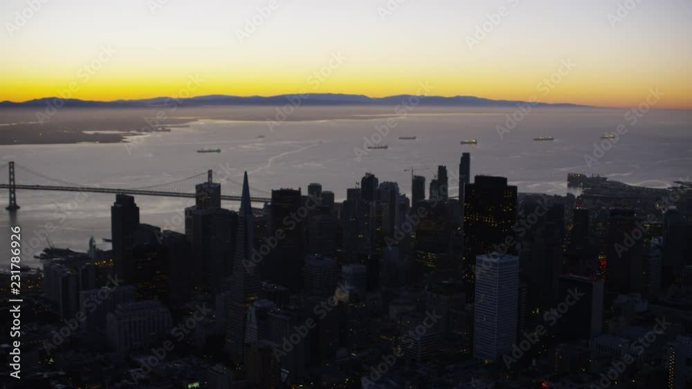 Aerial sunrise view Bay Bridge city Skyscrapers San Francisco America Aerial sunrise view Bay Bridge city Skyscrapers San Francisco America