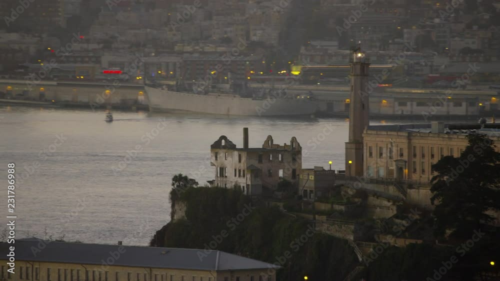 Aerial sunrise view The Rock Alcatraz Island San Francisco USA