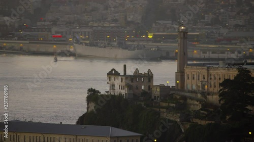 Aerial sunrise view The Rock Alcatraz Island San Francisco USA