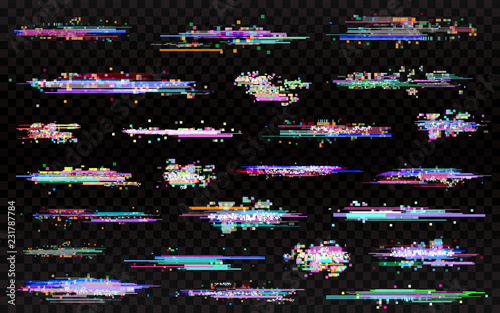 Glitch elements set. Glitched lines noise. Error templates. Color glitches collection on transparent background. Abstract noise design for poster, banner, flyer. Vector illustration photo