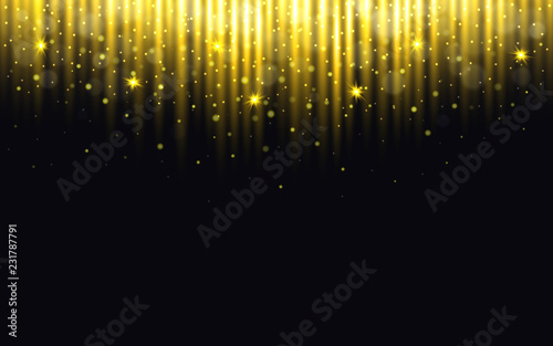 Glitter background. Christmas lights with bokeh. Gold particles on black backdrop. Greeting card with golden dust. New Year concept. Bright falling confetti. Vector illustration