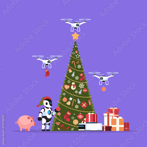 modern robot in santa claus hat near decorated fir tree gift box drone delivery service merry christmas happy new year concept artificial intelligence flat vector illustration