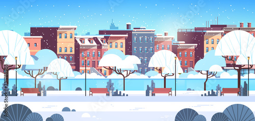 city winter park wooden bench light lamp street house building cityscape background merry christmas happy new year concept flat horizontal vector illustration