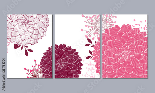 A set of 3 canvases for wall decoration in the living room, office, bedroom, kitchen, office. Home decor of the walls. Floral background with flowers of dahlias. Element for design. 