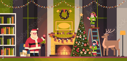 santa claus with elves on staircase decorate fir tree living room interior merry christmas happy new year concept flat horizontal vector illustration