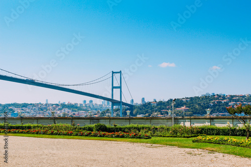 Bosphorus Bridge and cityscape from Beylerbeyi Palace in Istanbul, Turkey