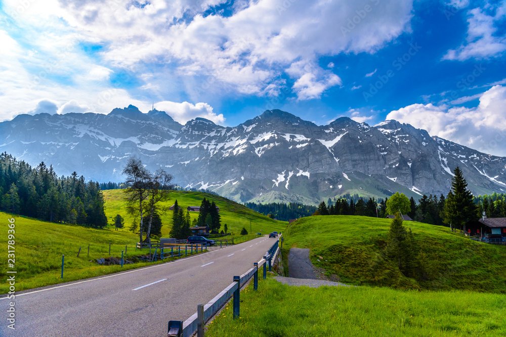 Road with snowy alps mountains, Schoenengrund, Hinterland, Appen