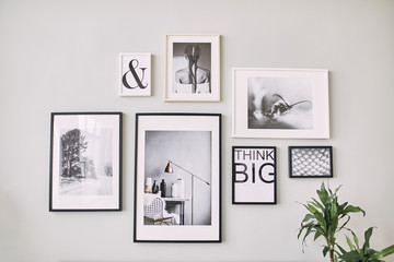 different size framed photos hanging on the gray wall.