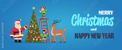 santa claus with elves on staircase decorate fir tree merry christmas happy new year concept flat horizontal vector illustration