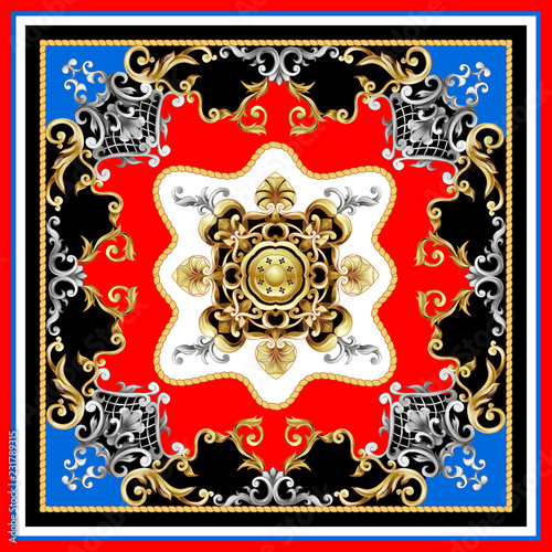 Design scarf with golden baroque elements. Vector illustration.