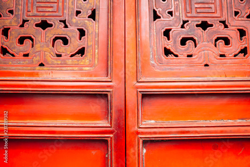 Traditional door at Den ngoc son temple in Hanoi, Vietnam photo