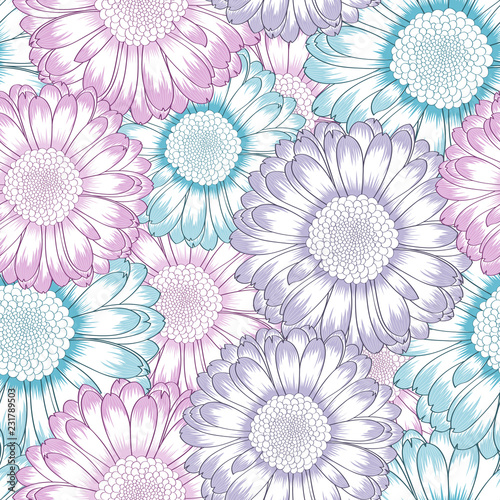 Hand-drawing seamless floral background with flowers daisy