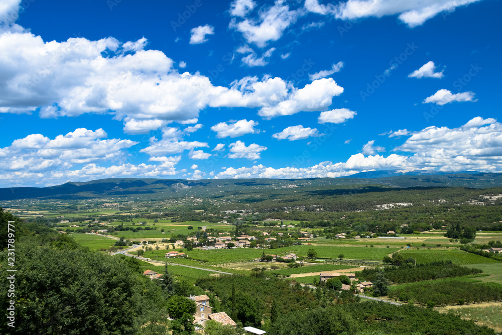 View of the countryside of the Luberon as seen from the medieval village of Menerbes in Provence, France