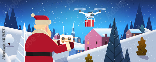 santa hold controller drone delivery service over night winter village houses mountains hills landscape snowfall background horizontal flat vector illustration