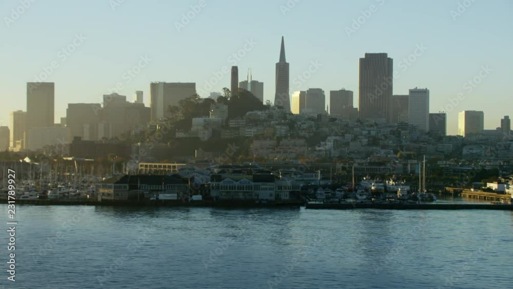 Aerial sunrise San Francisco California USA Waterfront Coit Tower Aerial sunrise San Francisco California USA Waterfront Coit Tower