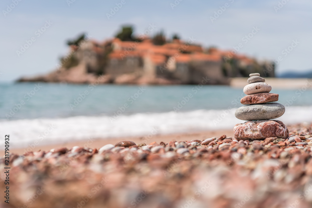 Pile of stacked stones on the beach