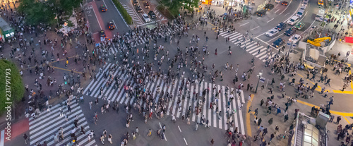 Pedestrians crosswalk at Shibuya district in Tokyo, Japan. Shibuya Crossing is one of the busiest crosswalks in the world. photo