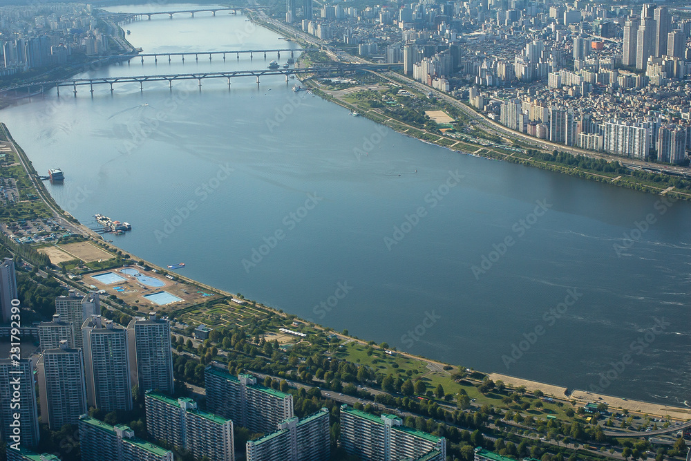 The picturesque view of the Han River and its bridge in downtown Seoul
