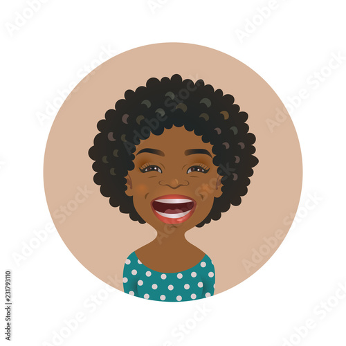 Laughing Afro American woman avatar. African girl laugh emoticon. Cute black skin cheerful smiling person. Dark-skinned lol facial expression.