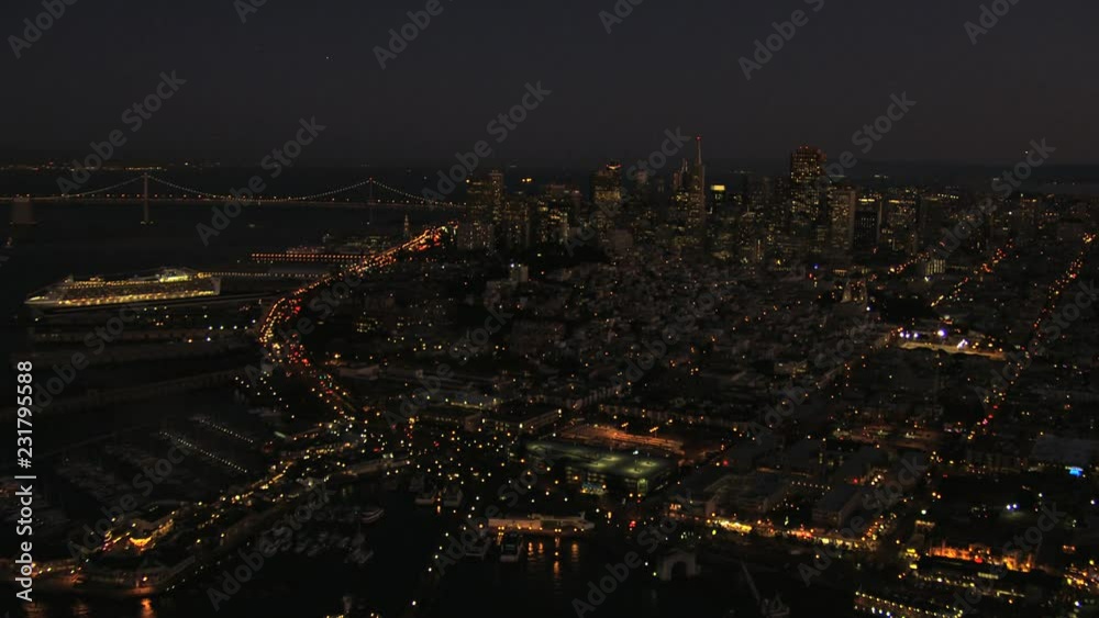 Aerial illuminated San Francisco Skyscrapers Bay Bridge USA Aerial illuminated San Francisco Skyscrapers Bay Bridge USA