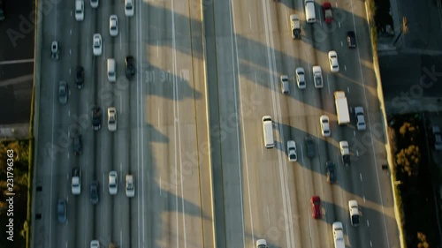 Aerial vertical view of busy freeway system Los Angeles USA