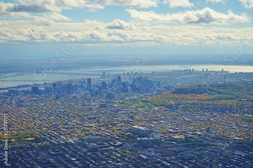 Aerial view of Montreal and the Saint Laurent River, Canada, in the fall with autumn foliage