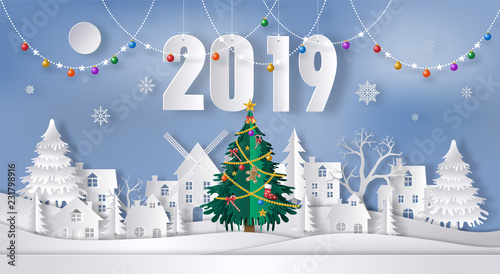 Paper art style of landscape in the city during winter, christmas tree, beautiful snowflake background, flat-style vector illustration. Merry Christmas and Happy New Year 2019 concept .