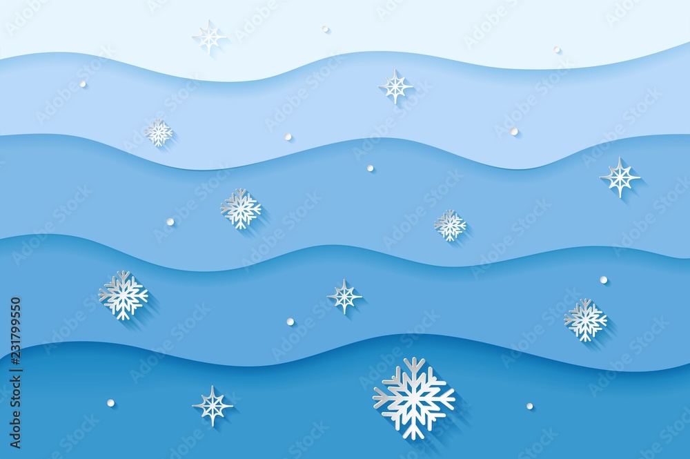 Christmas and New Year blue background with paper snowflakes