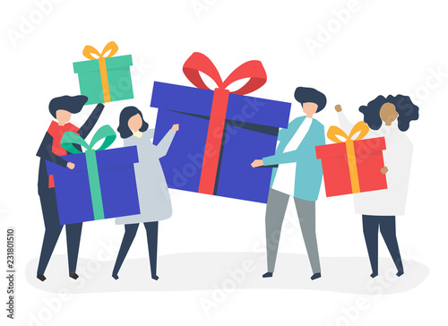 Friends exchanging gift boxes  with one another