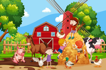 Keuken achterwand Boerderij Kinderen spelen met dieren op de boerderij  © blueringmedia